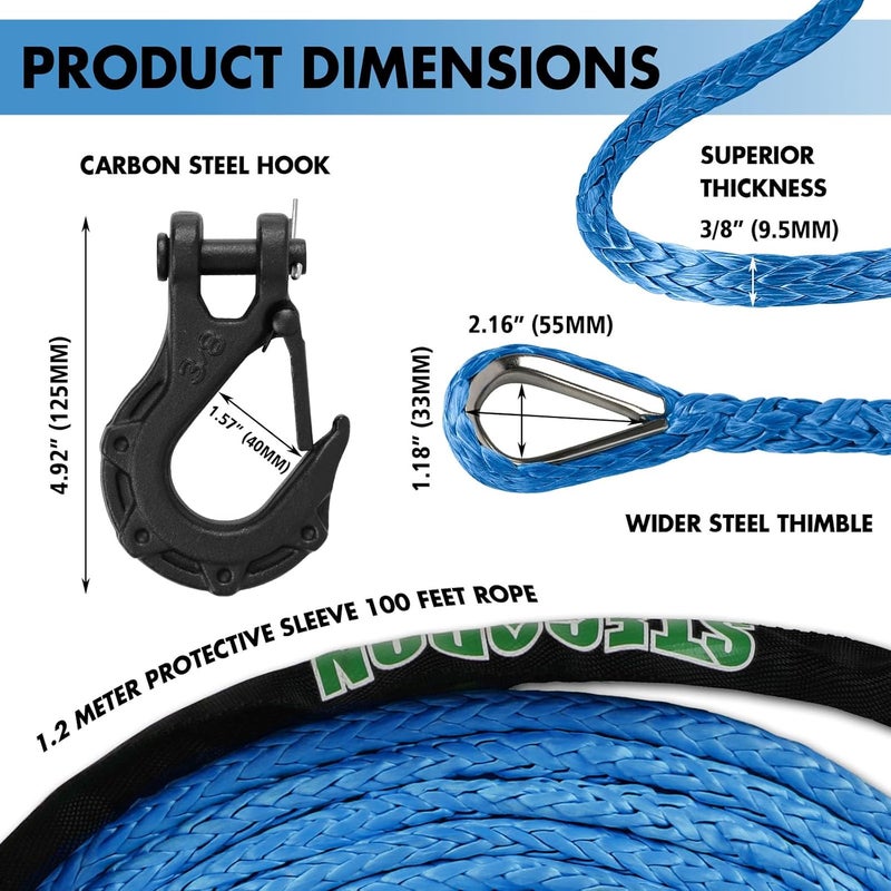 STEGODON Synthetic Winch Rope, 3/8" x100ft 23809LBS Dyneema Winch Rope 3/8 Heavy Duty Winch Cable with Protective Sleeve Forged Winch Hook for 4WD Off Road Vehicle Truck SUV (Blue) - Image 3